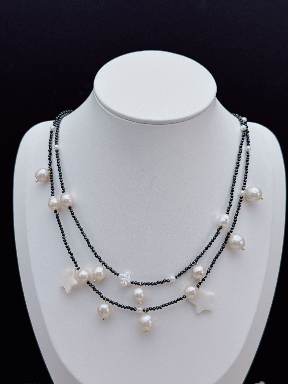 26X520 Handmade Edison Baroque Pearl Black Spinel Double Layer Necklace 16+2”